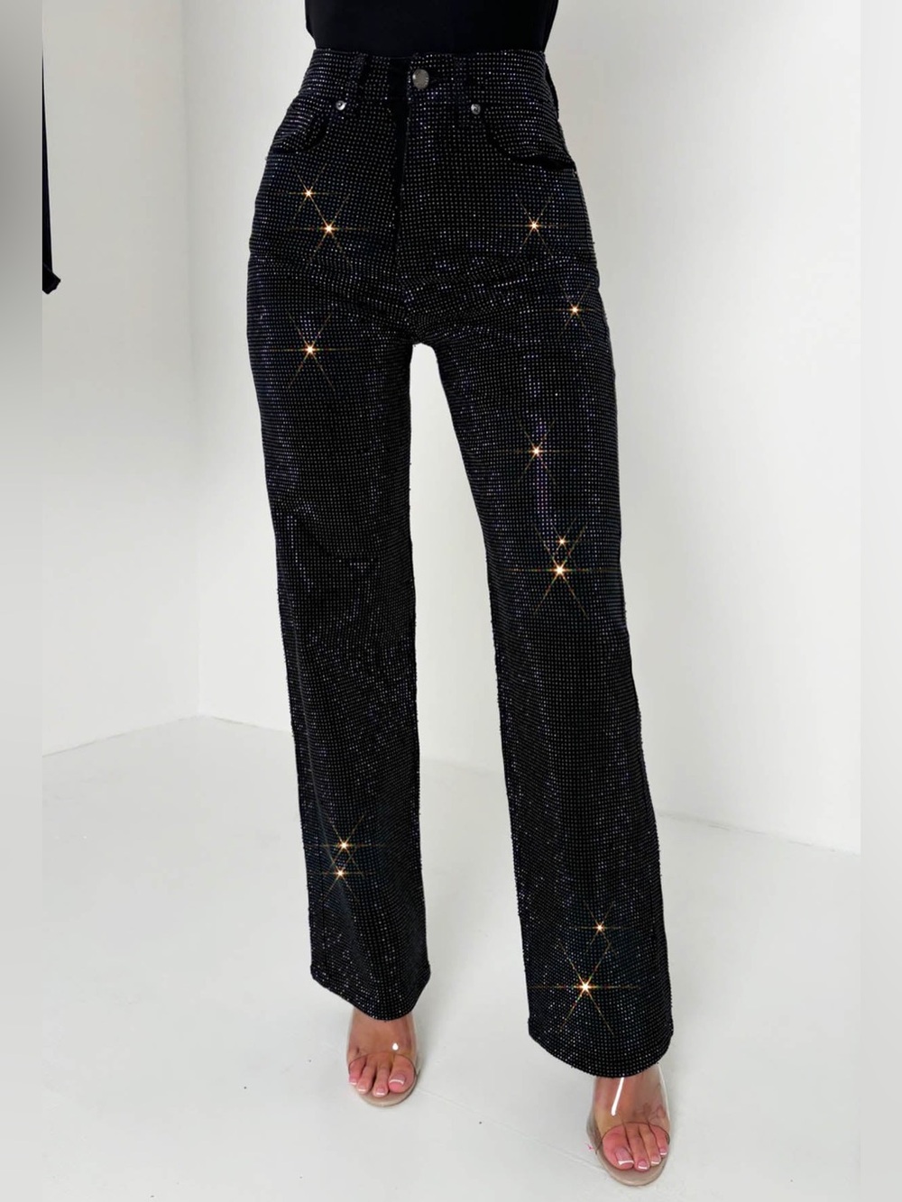 High-Rise Black Diamanté Straight-Leg Jeans